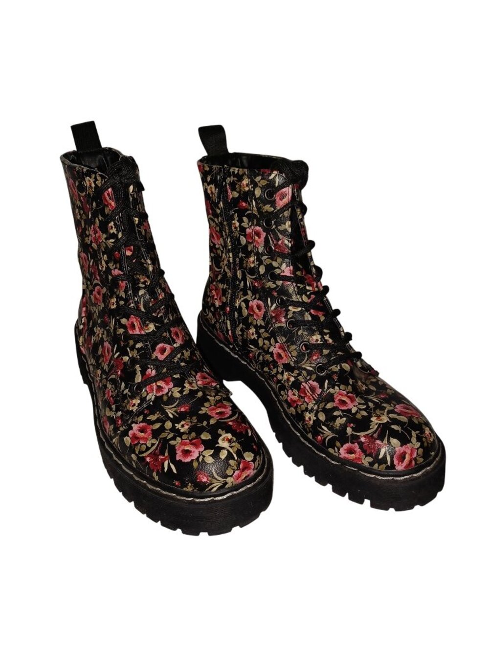Combat Boots Floral Black Red Rose Chunky Goth Lace Up Union Bay Womens Size 8M